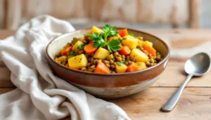 ein einfacher und preiswerter linsen-kartoffel-eintopf mit curry, der durch seinen geschmack und seine leichtigkeit begeistert – perfekt für jeden anlass.